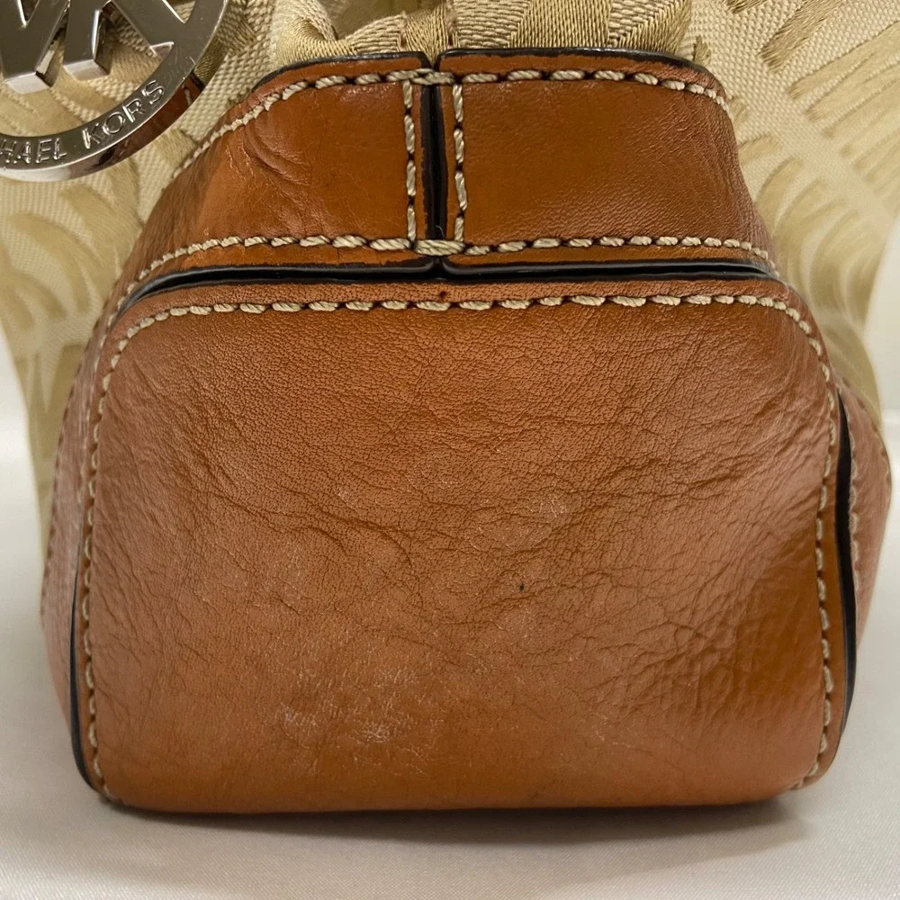 Michael Kors Brookville Large Tote Bag MK Saddle Khaki Canvas Brown Leather EUC